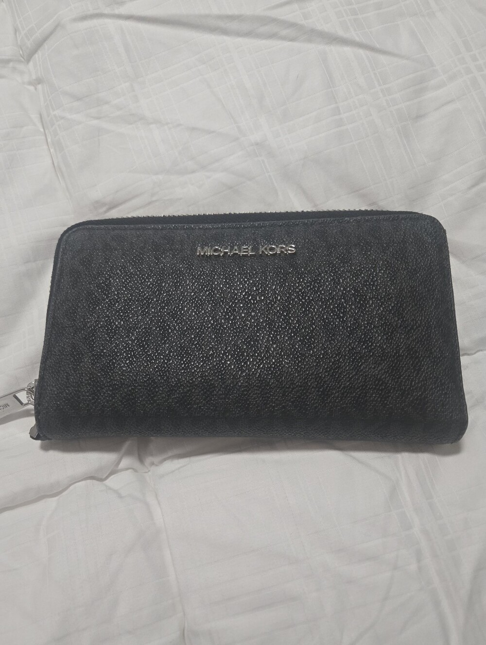 Michael Kors Black Textured Zip Wallet with Silver Logo